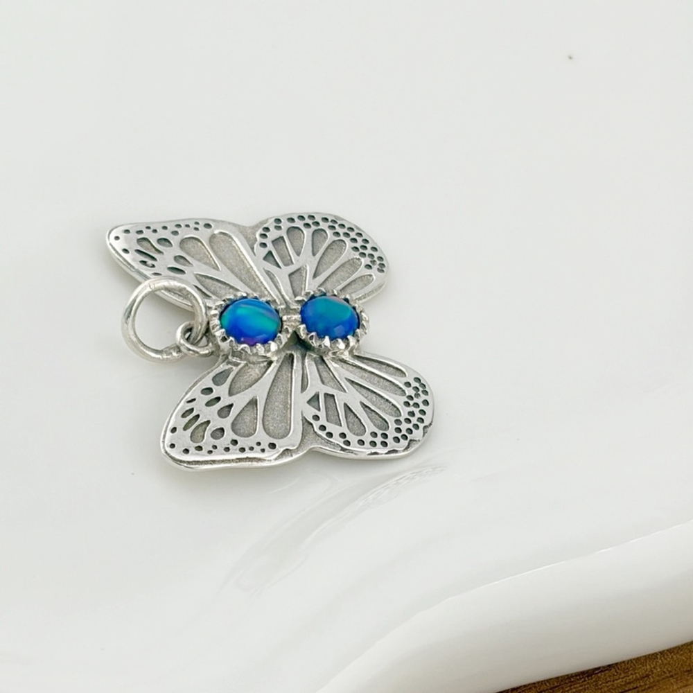 Aura Opal Butterfly Pendant Pure Sterling Silver 925 Boho Southwest Blue Purple - Picture 5 of 8